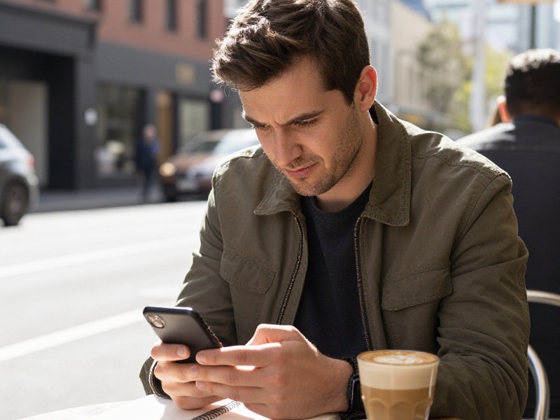 Australian man in his late twenties sitting at an outdoor Melbourne cafe table in winter light, rewriting his dating profile on his phone with a notebook and a flat white beside him, amused expression
