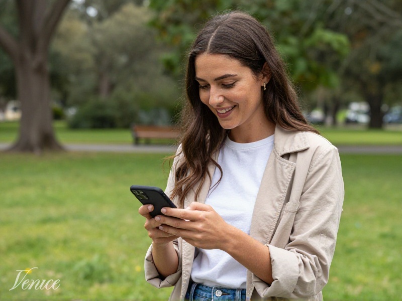 Smiling Australian woman comparing dating apps on her phone outdoors in Melbourne