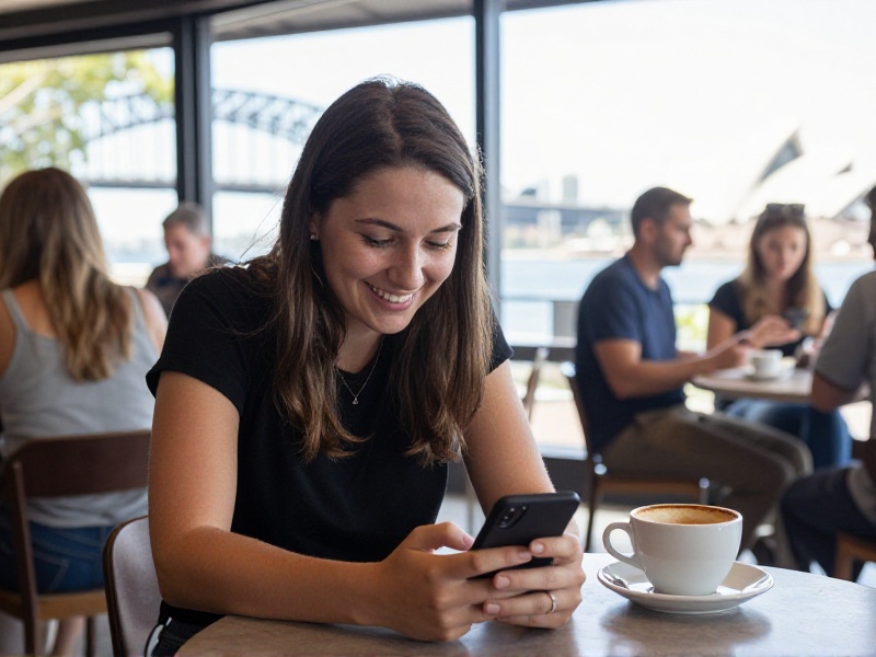 Young Australian woman smiling at her phone at a sunny Sydney cafe table, coffee cup beside her, harbour visible through the window, natural daylight