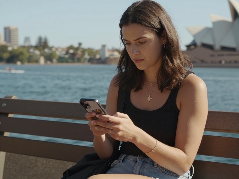 A smiling Australian woman in her thirties taking a solo photo on a sunny beach boardwalk for her dating profile, natural light, casual outfit, genuine candid expression