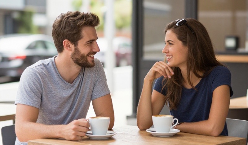 A relaxed couple sharing coffee and laughing on a sunny first date at an outdoor cafe table beside a harbour in an Australian city