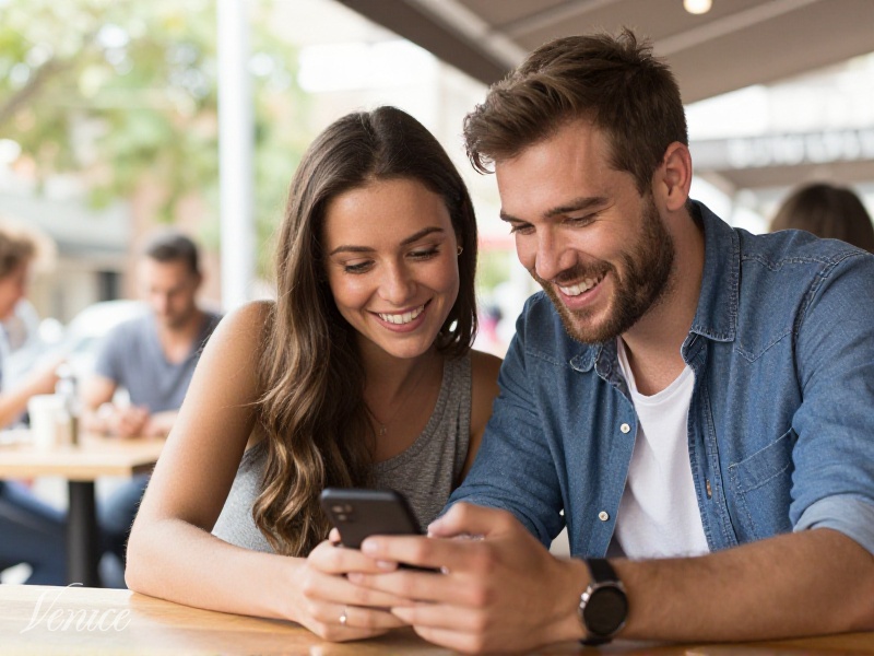 Young Australian couple smiling while looking at a phone in a sunny Sydney cafe