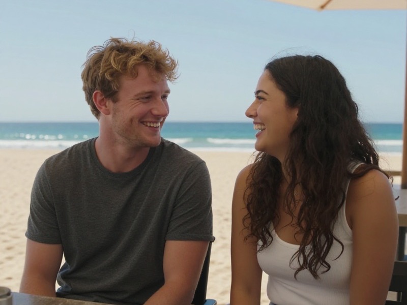 A relaxed Australian couple laughing together on a sunny coastal boardwalk in bright daylight, dressed casually and clearly at ease being themselves