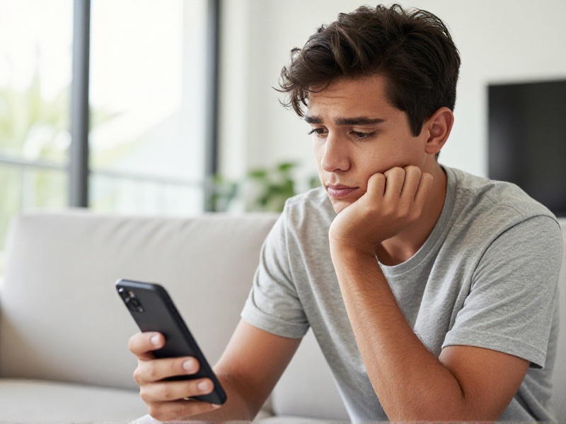 A focused Australian man in his thirties sits at a sunlit cafe table in Melbourne examining a dating profile on his phone with a thoughtful, cautious expression