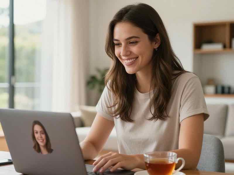 An Australian woman in a sunlit Sydney apartment smiles during a video call with her partner on a laptop, a cup of tea beside her