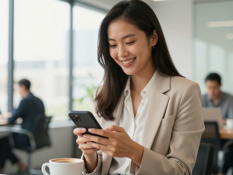 A busy Australian professional checking a dating app on her phone during a quick coffee break in a sunlit Sydney cafe, relaxed and organised