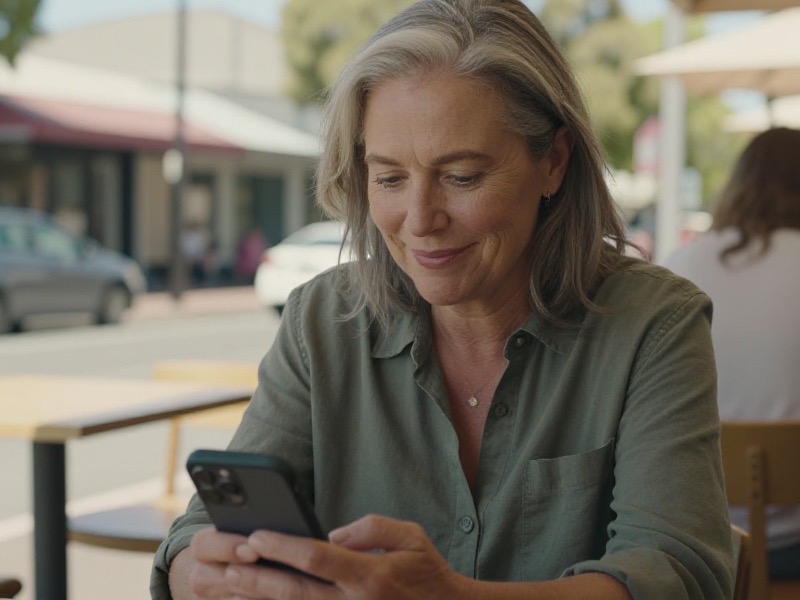 A confident Australian woman in her late fifties sits at a sunlit Adelaide cafe table with a flat white, smiling as she reads a message on her phone, reading glasses pushed up into her greying hair
