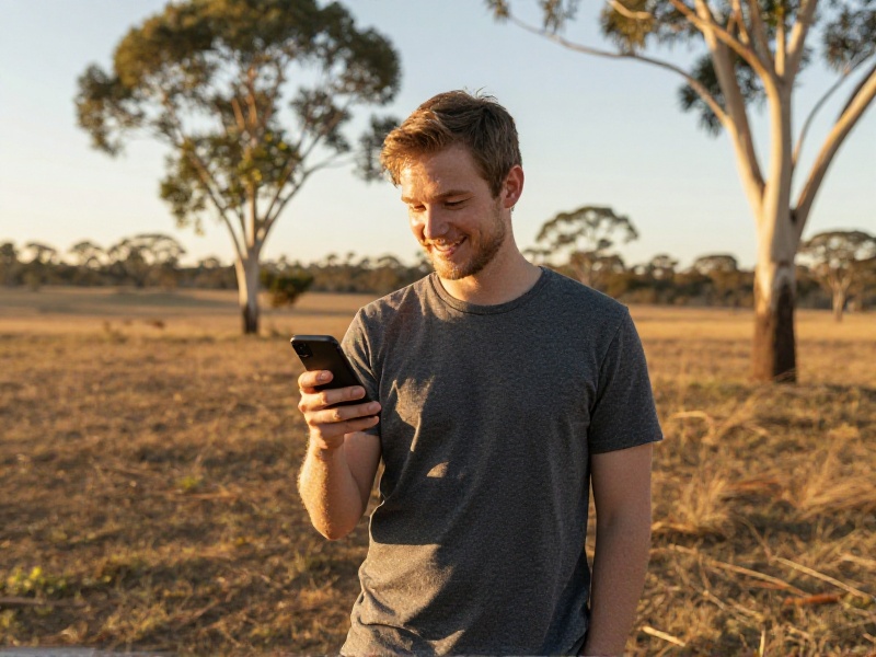 A man and a woman smiling on a ute tailgate at sunset on a wide regional Australian property, golden light over open paddocks, phone in hand, warm and candid, photo-realistic