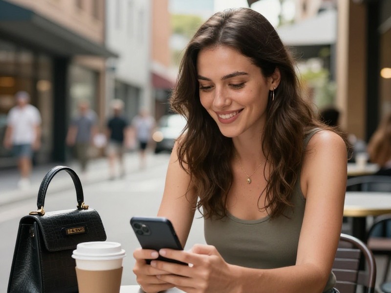 A confident woman in her late twenties sits at an outdoor cafe table in a sunny Sydney laneway, smiling while looking at her phone, with a coffee cup and her bag beside her, soft natural daylight, photo-realistic and respectful
