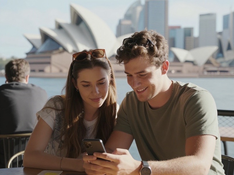 Young Australian couple smiling at a smartphone on a harbourside bench in Sydney at sunset, with the city skyline softly blurred in the background