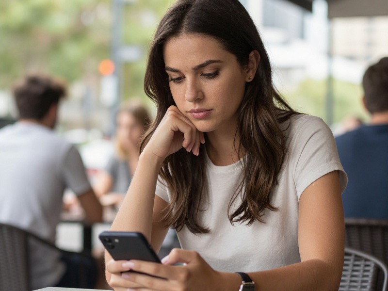 Thoughtful Australian woman in her early thirties reviewing a dating match on her phone at a sunny Brisbane cafe table, calm and discerning expression, natural daylight