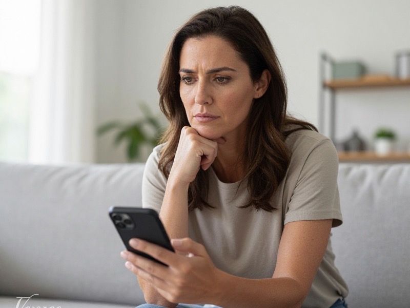 Concerned Australian woman reviewing suspicious dating messages on her phone at a kitchen table in Sydney