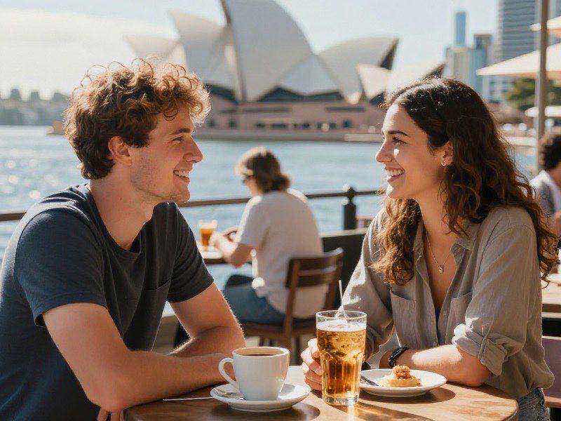 A cheerful young Australian couple enjoying a relaxed second date at an outdoor Sydney cafe on a sunny day