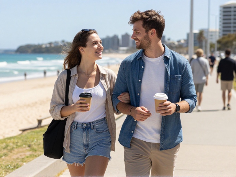 A smiling Australian couple on a sunny coastal walk in Sydney holding takeaway coffees on a relaxed alcohol-free daytime date